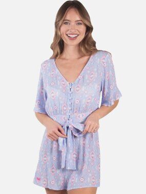 SIMPLY SOUTHERN WOMEN'S BLUE AZTEC PRINT ROMPER- X-L BOHO TIE WAIST BUTTON FRONT